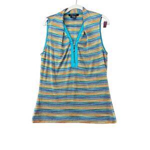 Etcetera Sleeveless Top‎ Striped Knit Zip Up Collared Shirt Blue Orange L